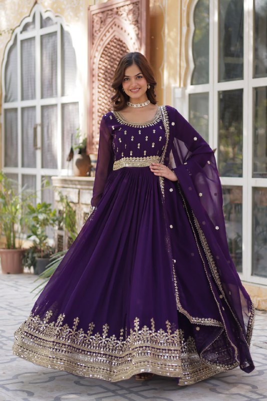 Graceful Purple Color Faux Blooming With Embroidery Zari Sequins Work Designer Gown