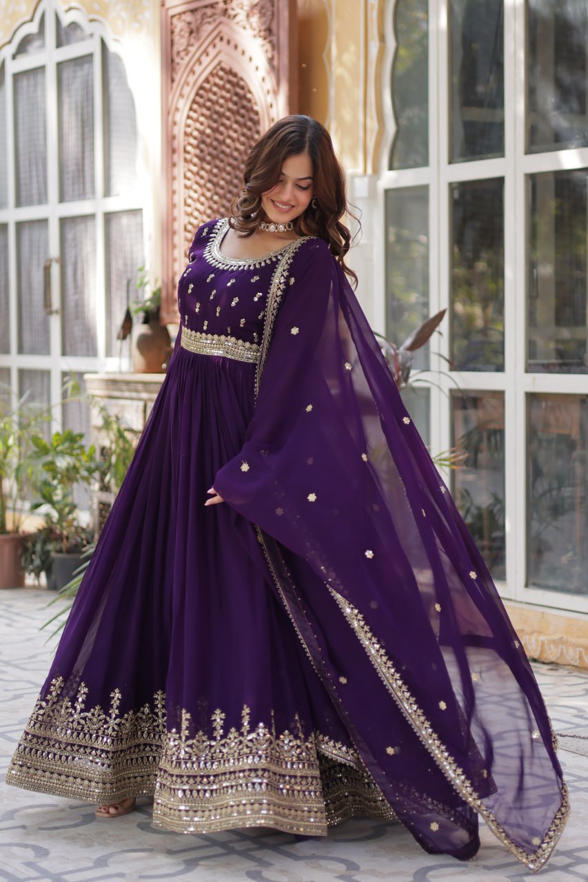 Graceful Purple Color Faux Blooming With Embroidery Zari Sequins Work Designer Gown