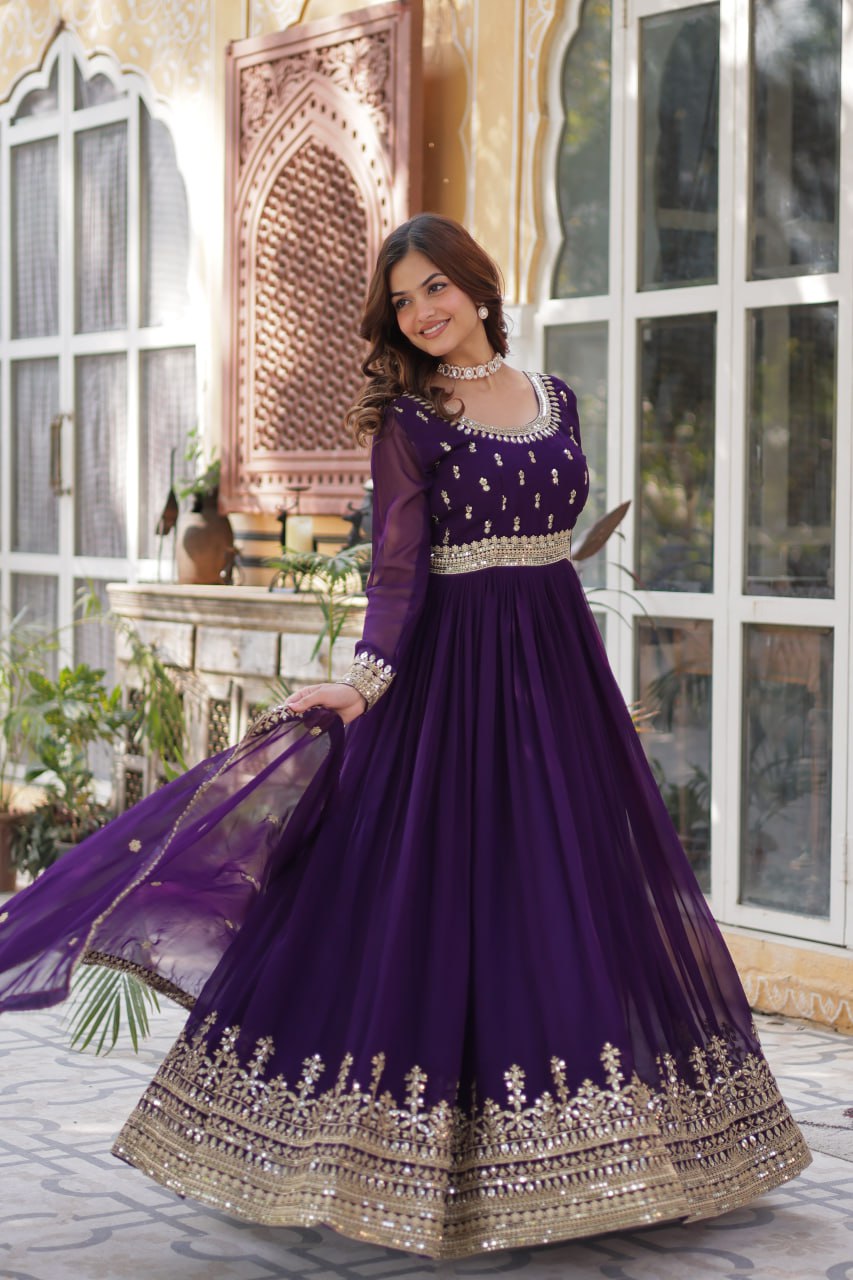 Graceful Purple Color Faux Blooming With Embroidery Zari Sequins Work Designer Gown