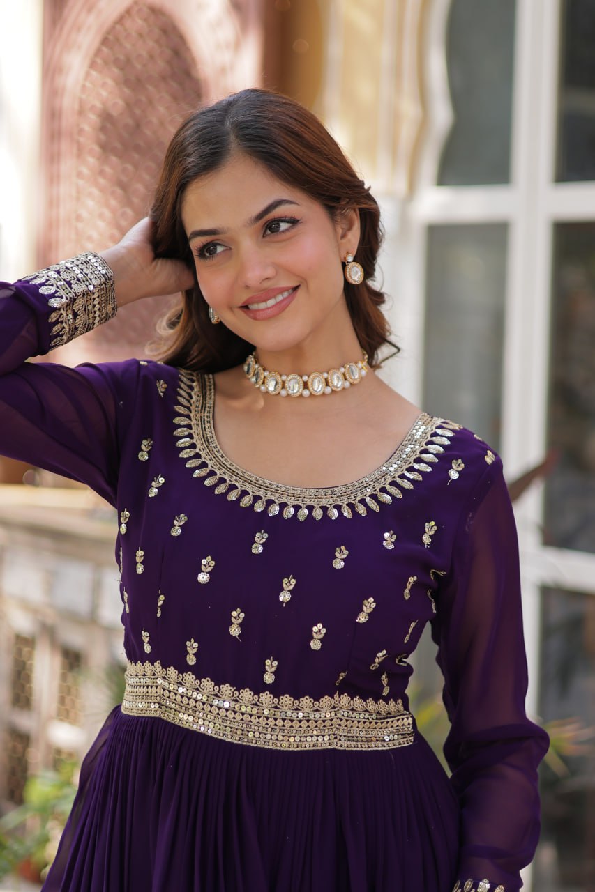 Graceful Purple Color Faux Blooming With Embroidery Zari Sequins Work Designer Gown