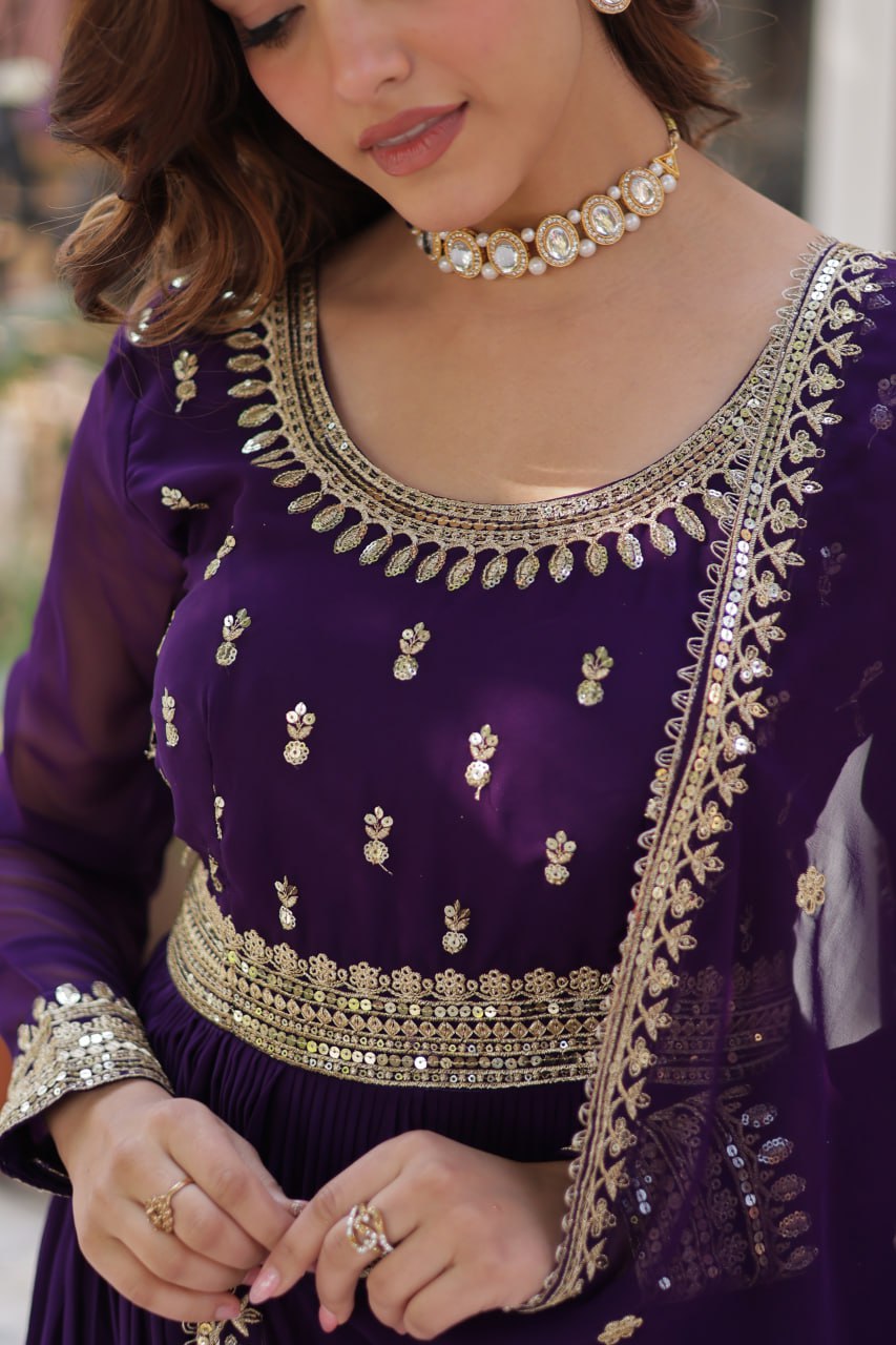 Graceful Purple Color Faux Blooming With Embroidery Zari Sequins Work Designer Gown
