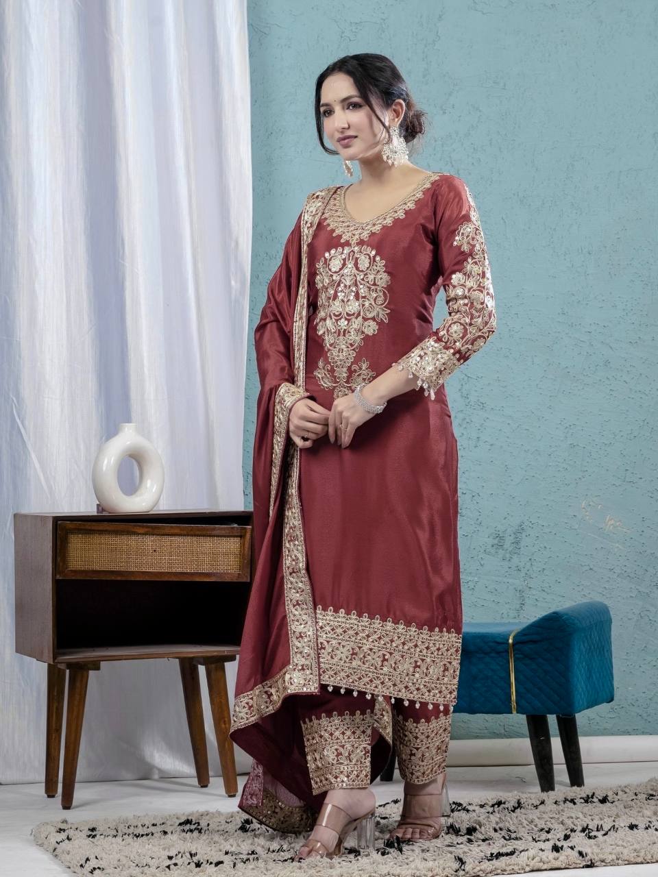 Wedding Wear Brown Color Pure Chinon Silk With Heavy Embroidery Coding Sequence Work Salwar Suit