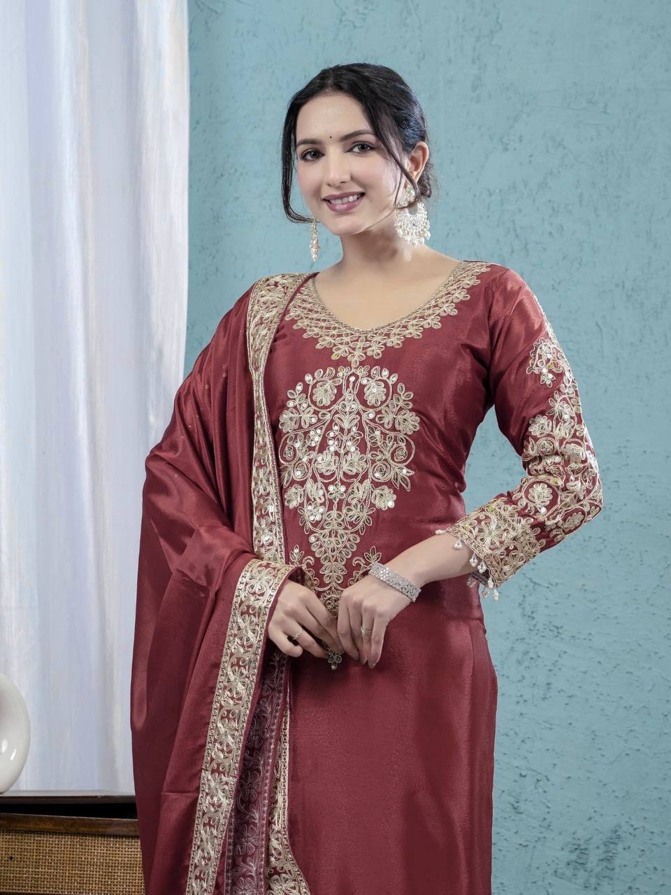 Wedding Wear Brown Color Pure Chinon Silk With Heavy Embroidery Coding Sequence Work Salwar Suit