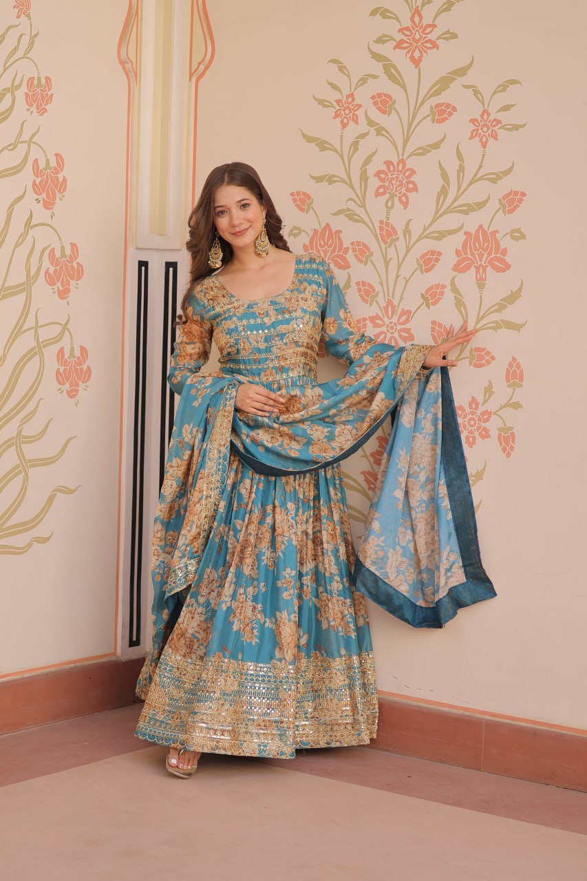 Ceremony Wear Sky Blue Color Rich Digital Print With Embroidered Sequins Work Gown