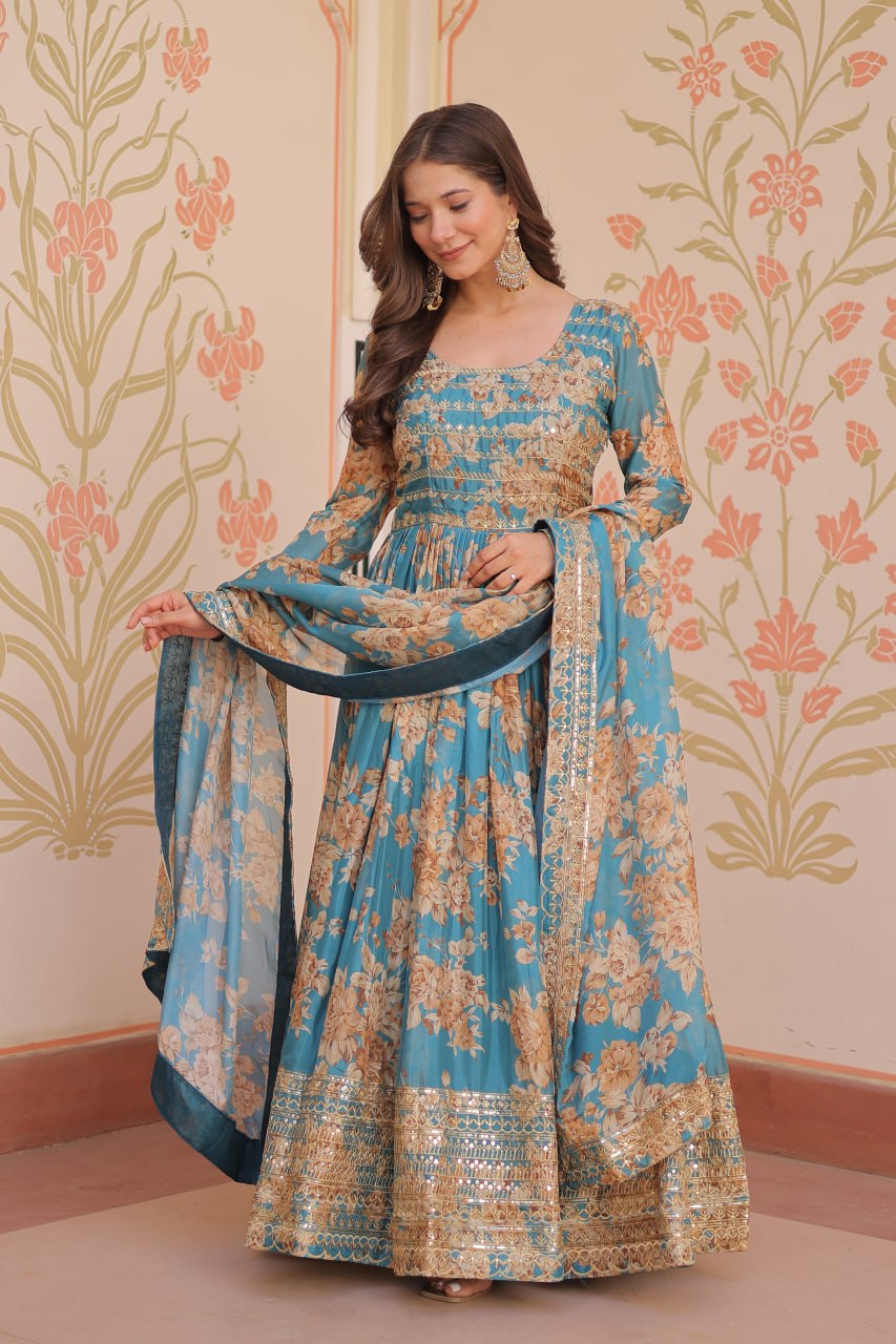 Ceremony Wear Sky Blue Color Rich Digital Print With Embroidered Sequins Work Gown