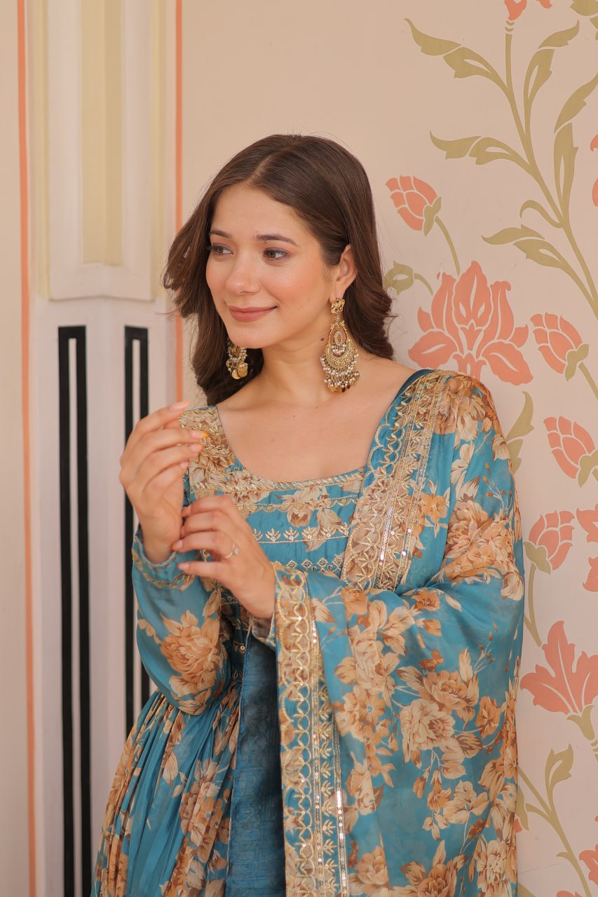 Ceremony Wear Sky Blue Color Rich Digital Print With Embroidered Sequins Work Gown