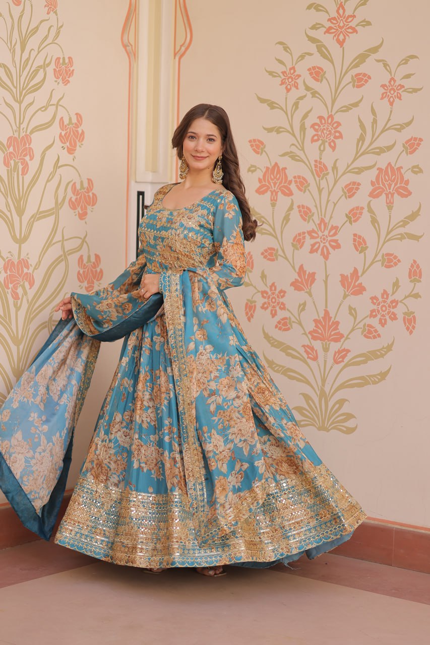 Ceremony Wear Sky Blue Color Rich Digital Print With Embroidered Sequins Work Gown