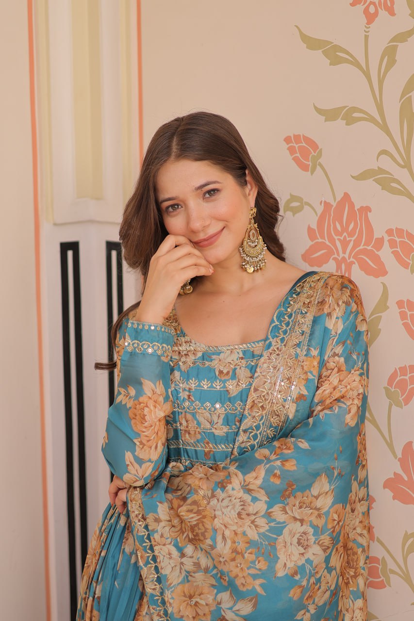 Ceremony Wear Sky Blue Color Rich Digital Print With Embroidered Sequins Work Gown