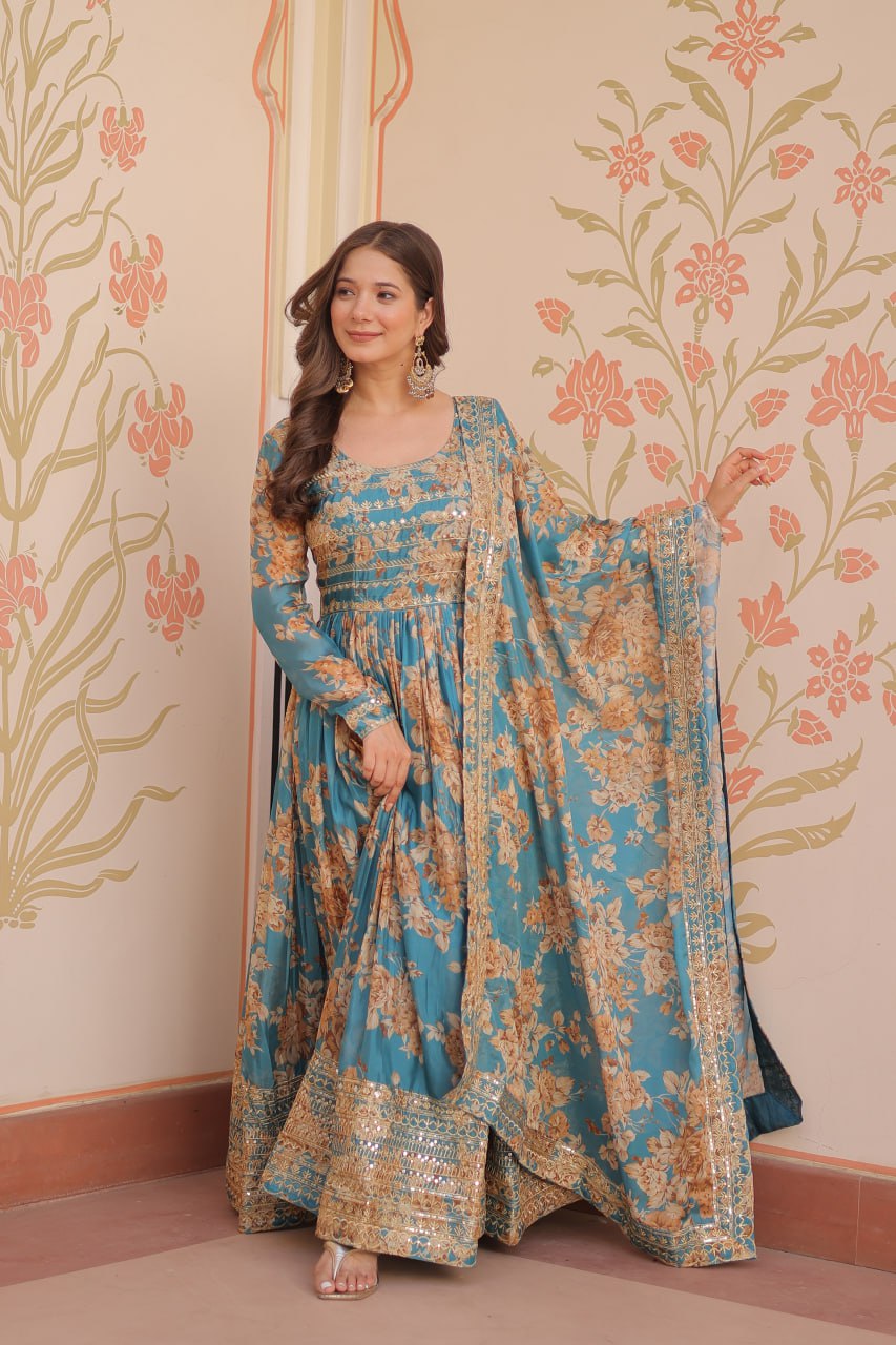 Ceremony Wear Sky Blue Color Rich Digital Print With Embroidered Sequins Work Gown