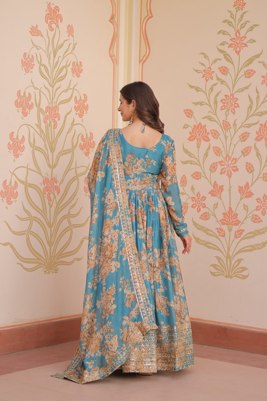 Ceremony Wear Sky Blue Color Rich Digital Print With Embroidered Sequins Work Gown