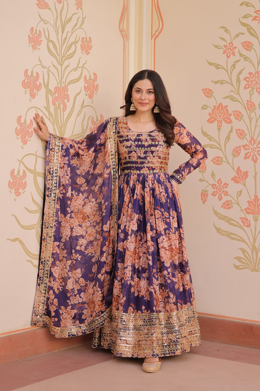 Ceremony Wear Purple Color Rich Digital Print With Embroidered Sequins Work Gown