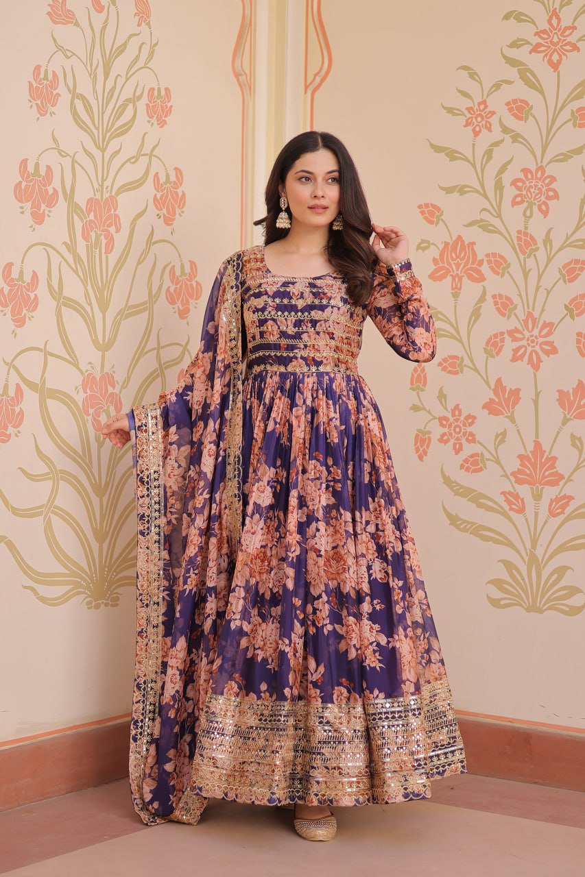 Ceremony Wear Purple Color Rich Digital Print With Embroidered Sequins Work Gown