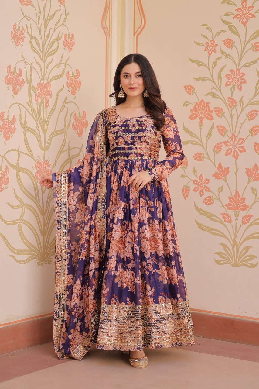 Ceremony Wear Purple Color Rich Digital Print With Embroidered Sequins Work Gown