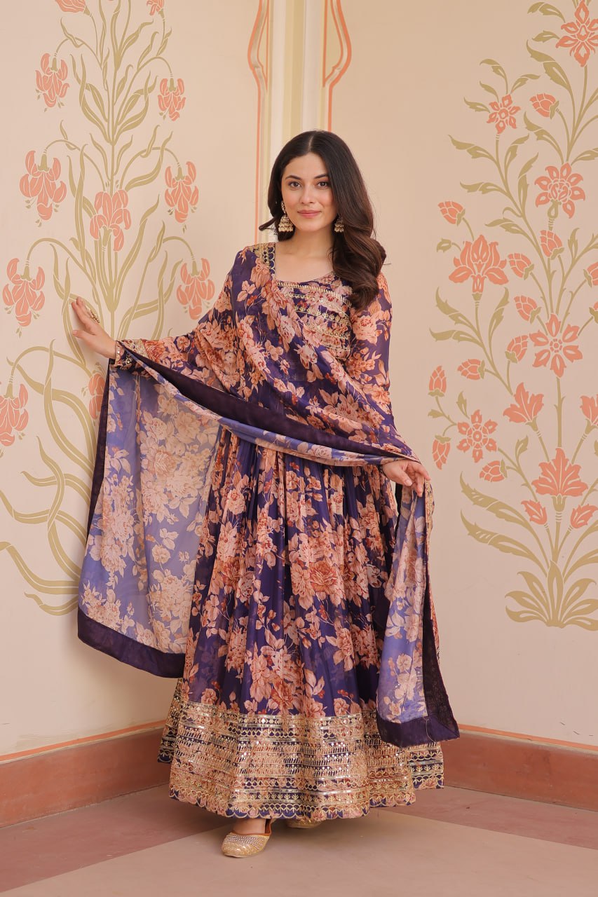 Ceremony Wear Purple Color Rich Digital Print With Embroidered Sequins Work Gown