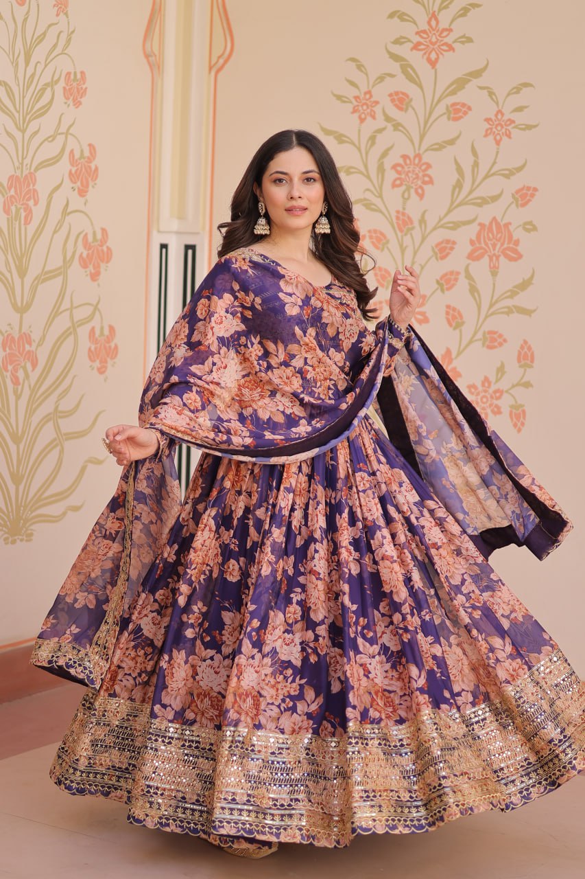 Ceremony Wear Purple Color Rich Digital Print With Embroidered Sequins Work Gown