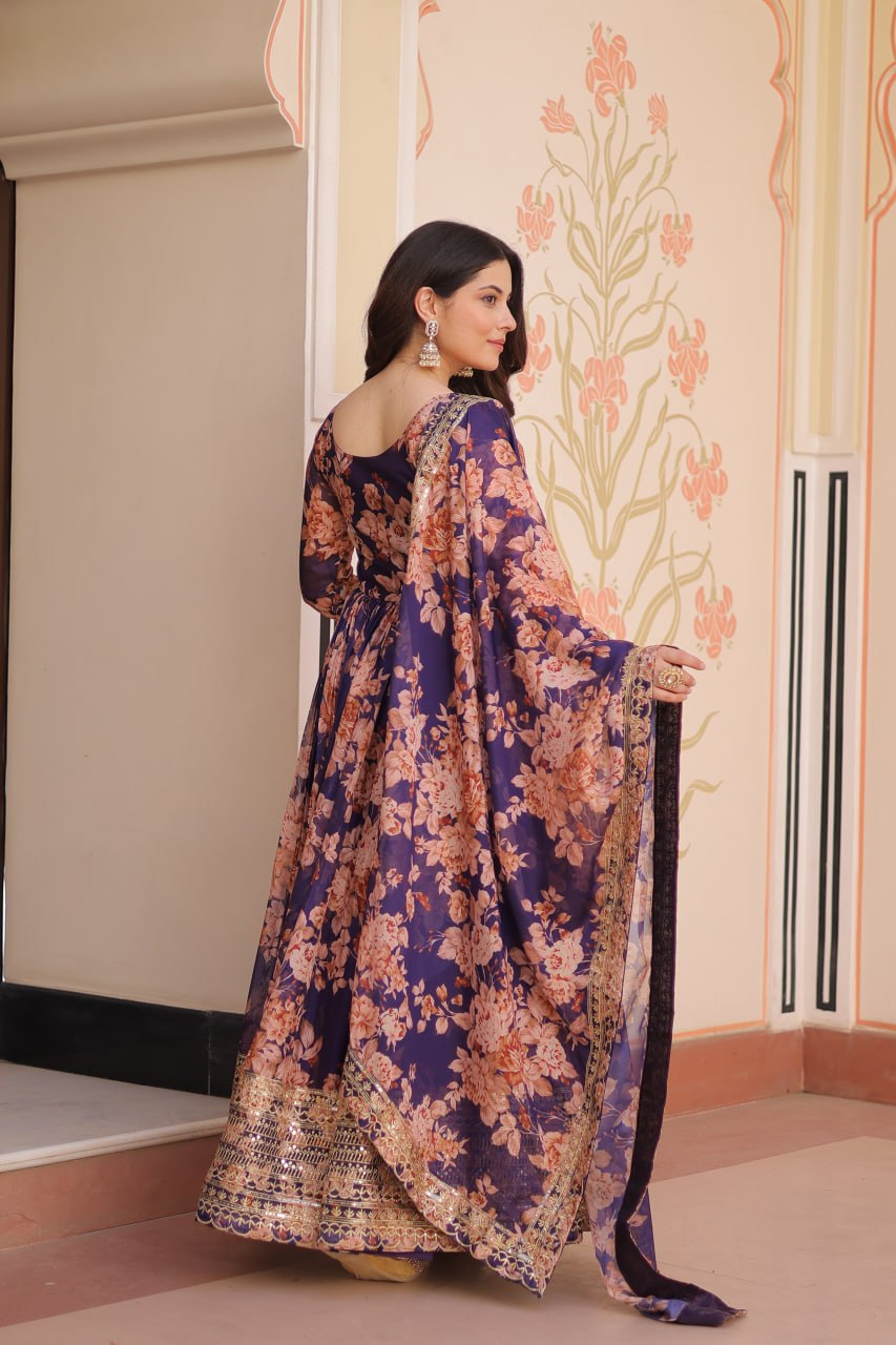 Ceremony Wear Purple Color Rich Digital Print With Embroidered Sequins Work Gown
