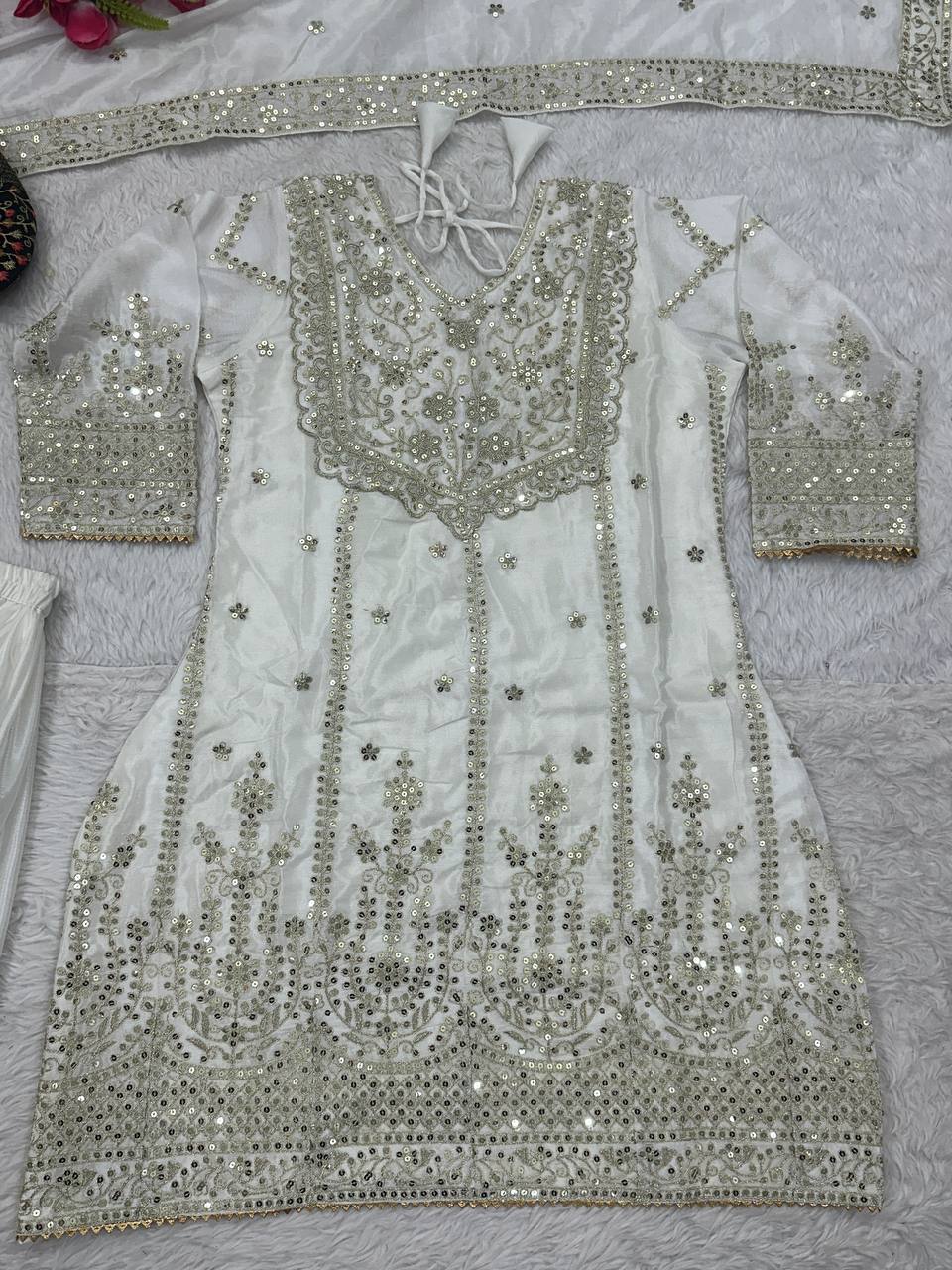 Shining White Heavy Chinon Silk With Embroidery Sequence Coding Work Sharara Suit