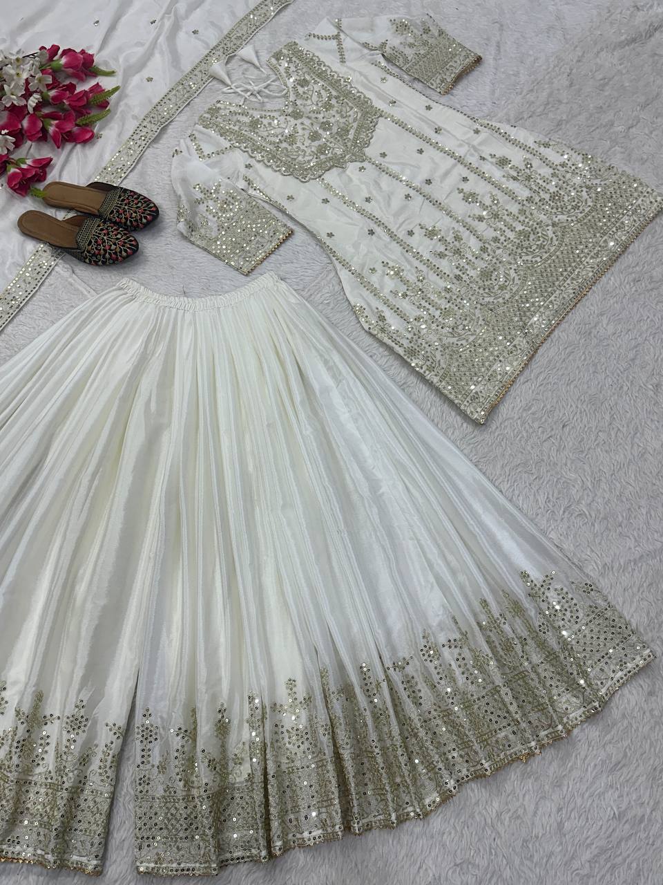 Shining White Heavy Chinon Silk With Embroidery Sequence Coding Work Sharara Suit