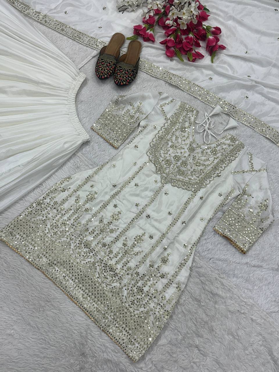 Shining White Heavy Chinon Silk With Embroidery Sequence Coding Work Sharara Suit