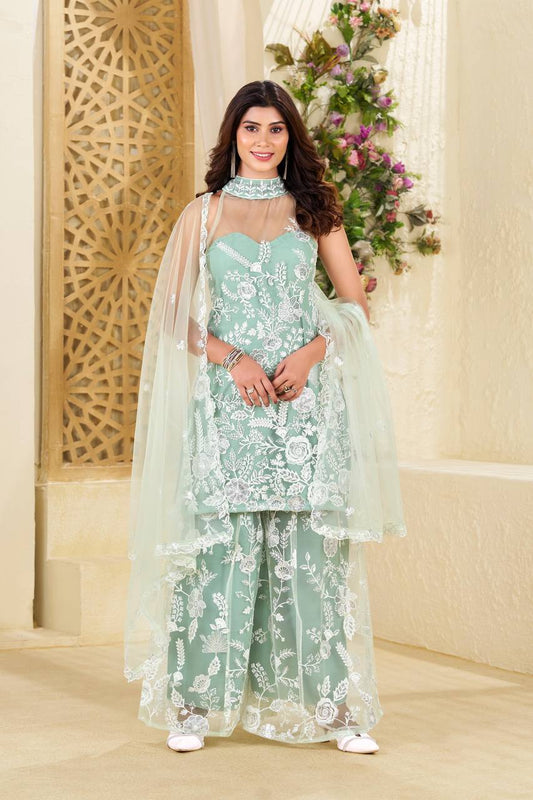 Engagement Wear Pista Green Color Butterfly Net Sequence Embroidery Work Palazzo Suit