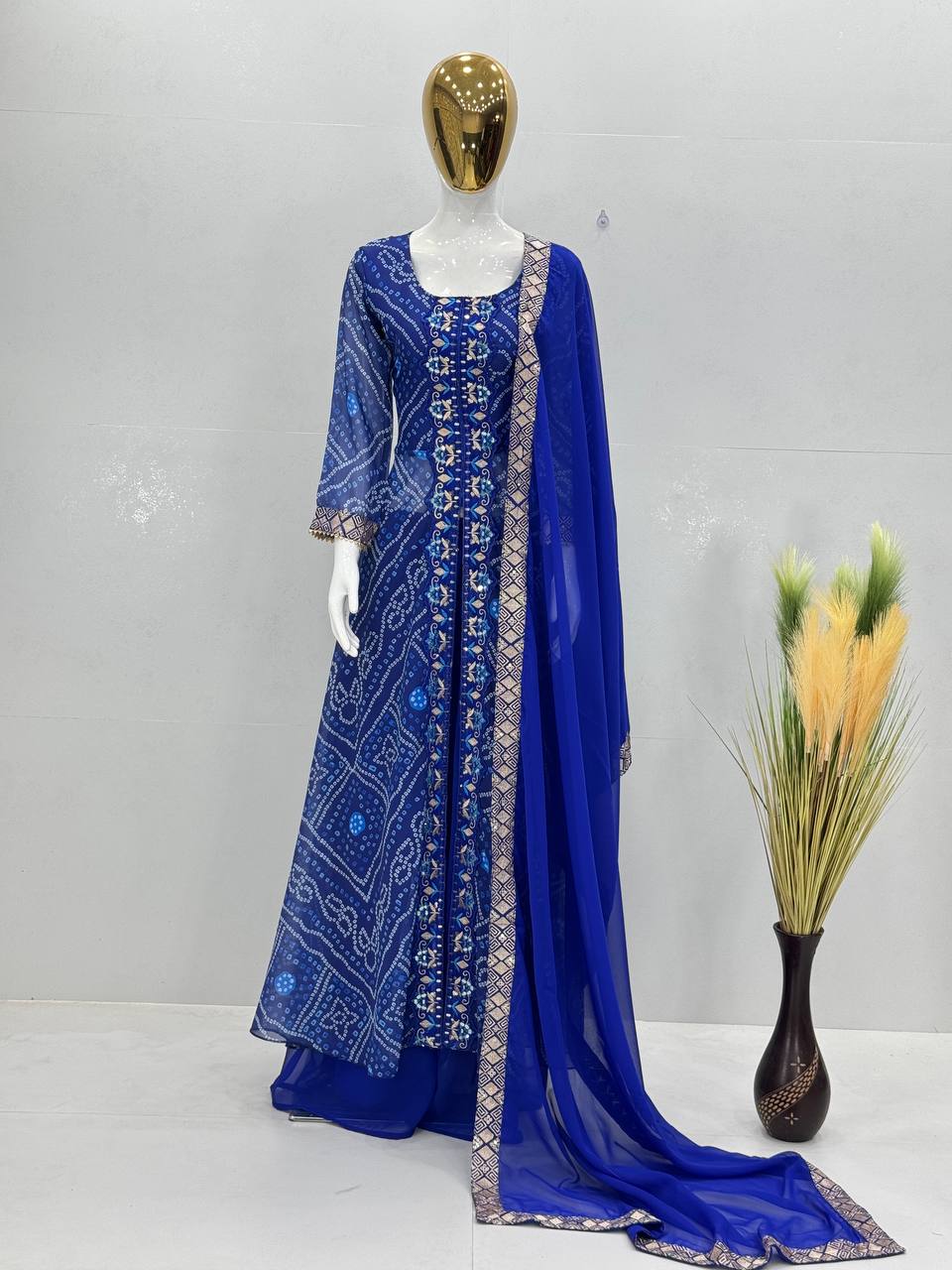 Stylish Blue Color Heavy Faux Georgette Fancy Digital Print With Embroidery Sequins Work Palazzo Suit