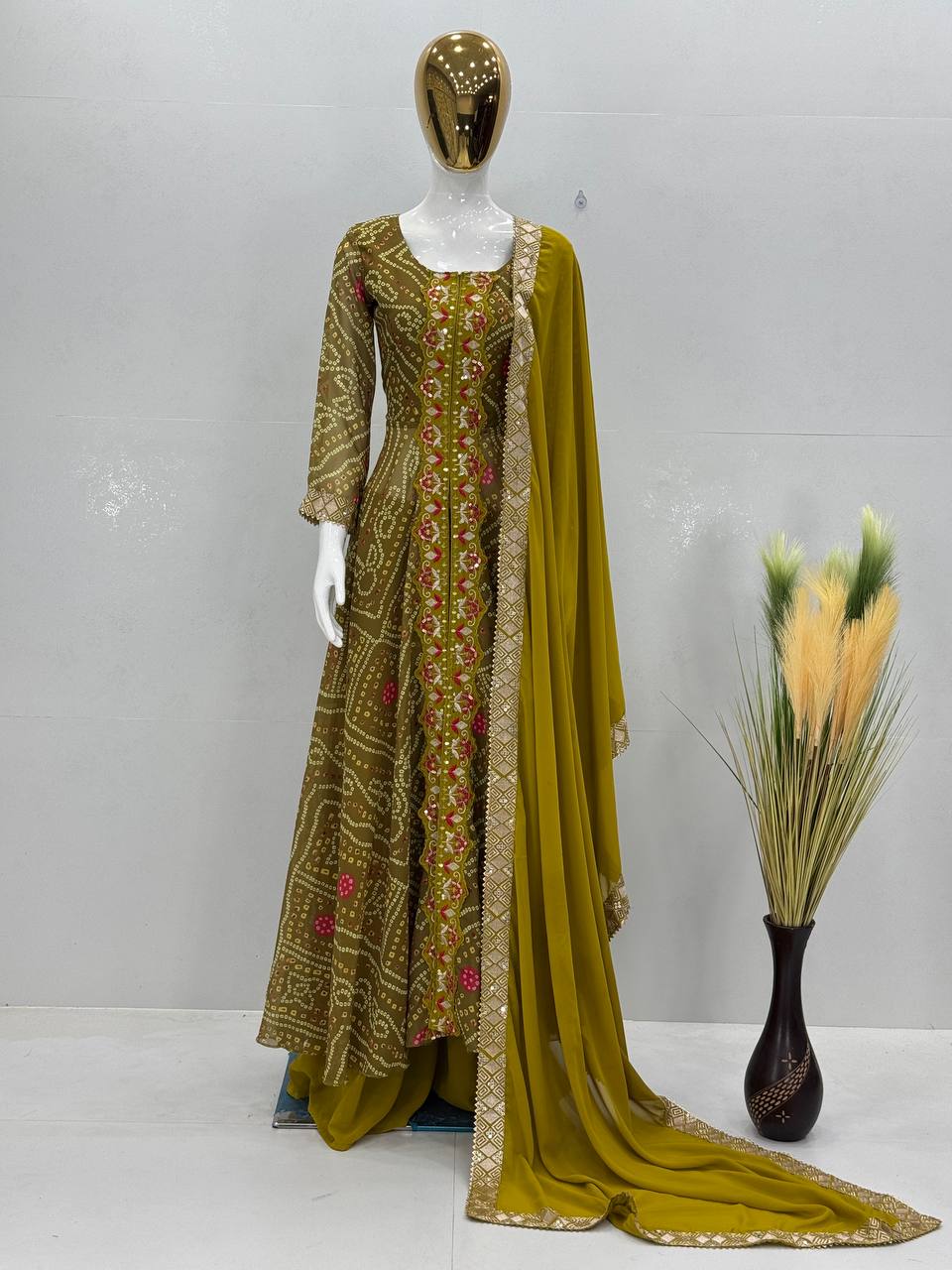 Alluring Mustard Color Heavy Faux Georgette Fancy Digital Print With Embroidery Sequins Work Palazzo Suit