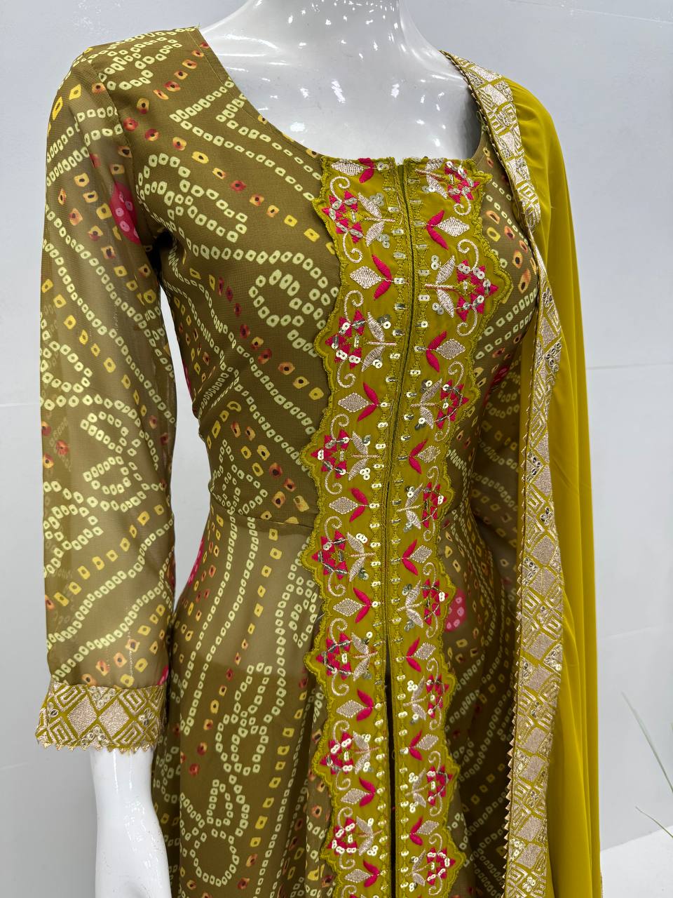 Alluring Mustard Color Heavy Faux Georgette Fancy Digital Print With Embroidery Sequins Work Palazzo Suit