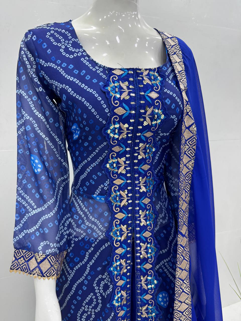 Stylish Blue Color Heavy Faux Georgette Fancy Digital Print With Embroidery Sequins Work Palazzo Suit