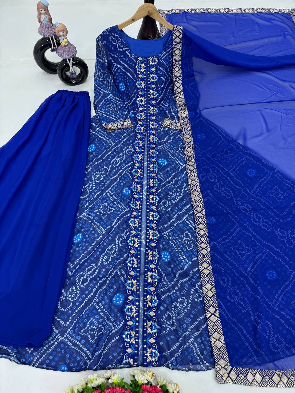 Stylish Blue Color Heavy Faux Georgette Fancy Digital Print With Embroidery Sequins Work Palazzo Suit