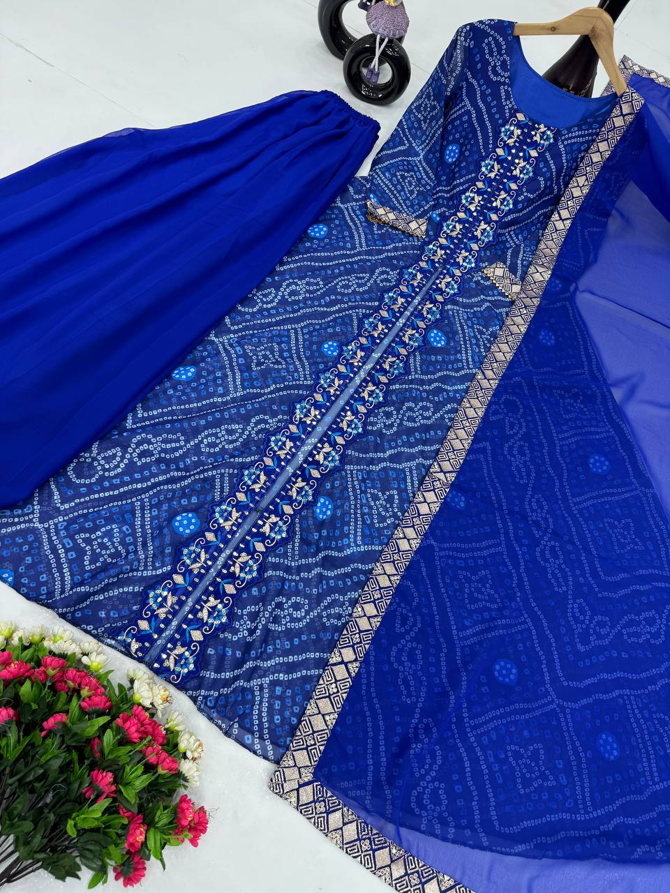 Stylish Blue Color Heavy Faux Georgette Fancy Digital Print With Embroidery Sequins Work Palazzo Suit
