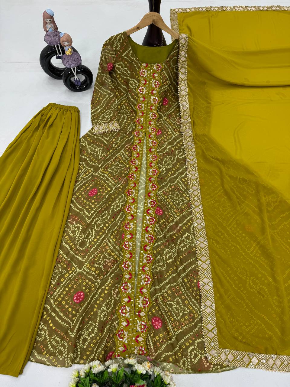 Alluring Mustard Color Heavy Faux Georgette Fancy Digital Print With Embroidery Sequins Work Palazzo Suit