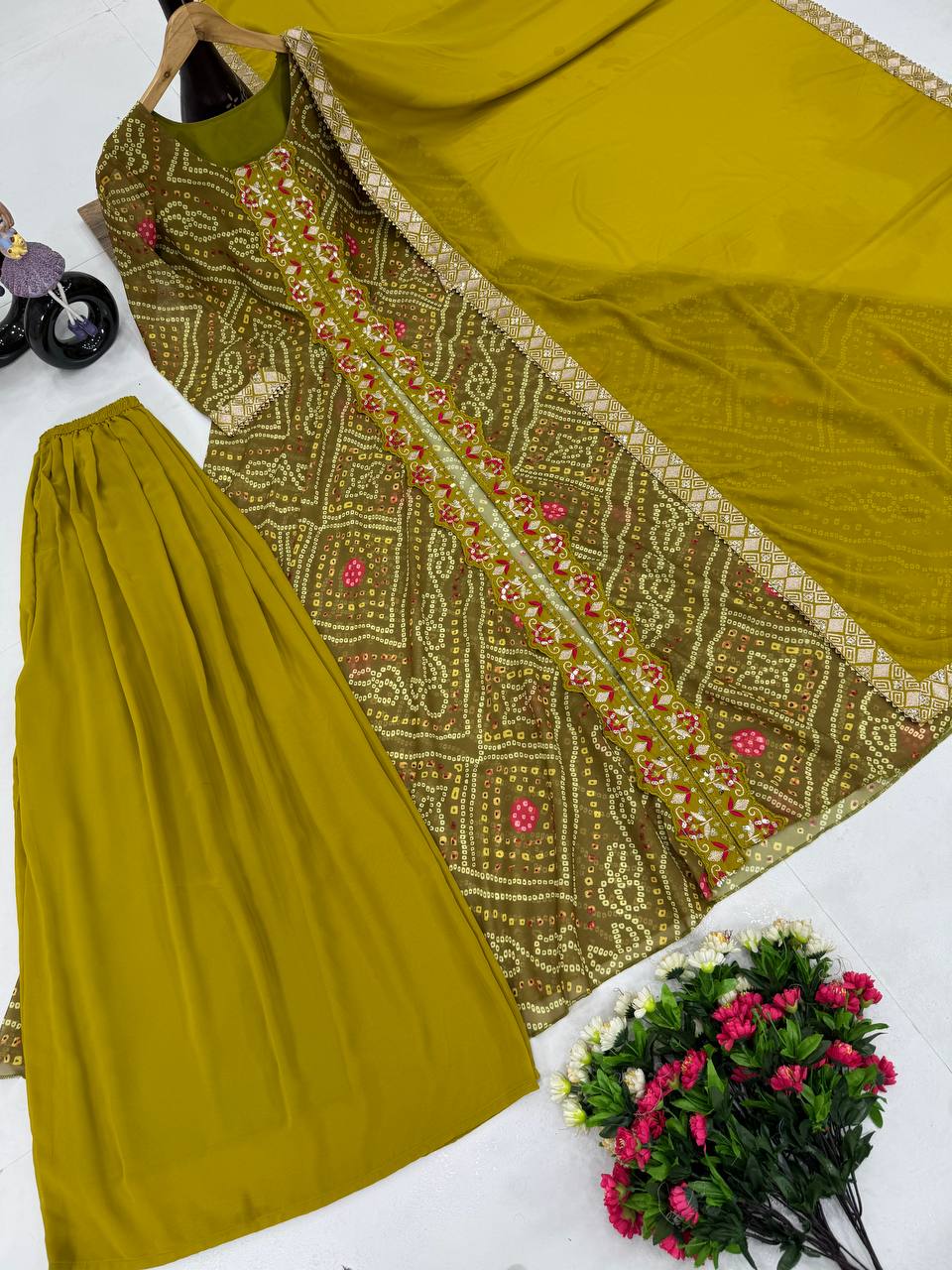 Alluring Mustard Color Heavy Faux Georgette Fancy Digital Print With Embroidery Sequins Work Palazzo Suit