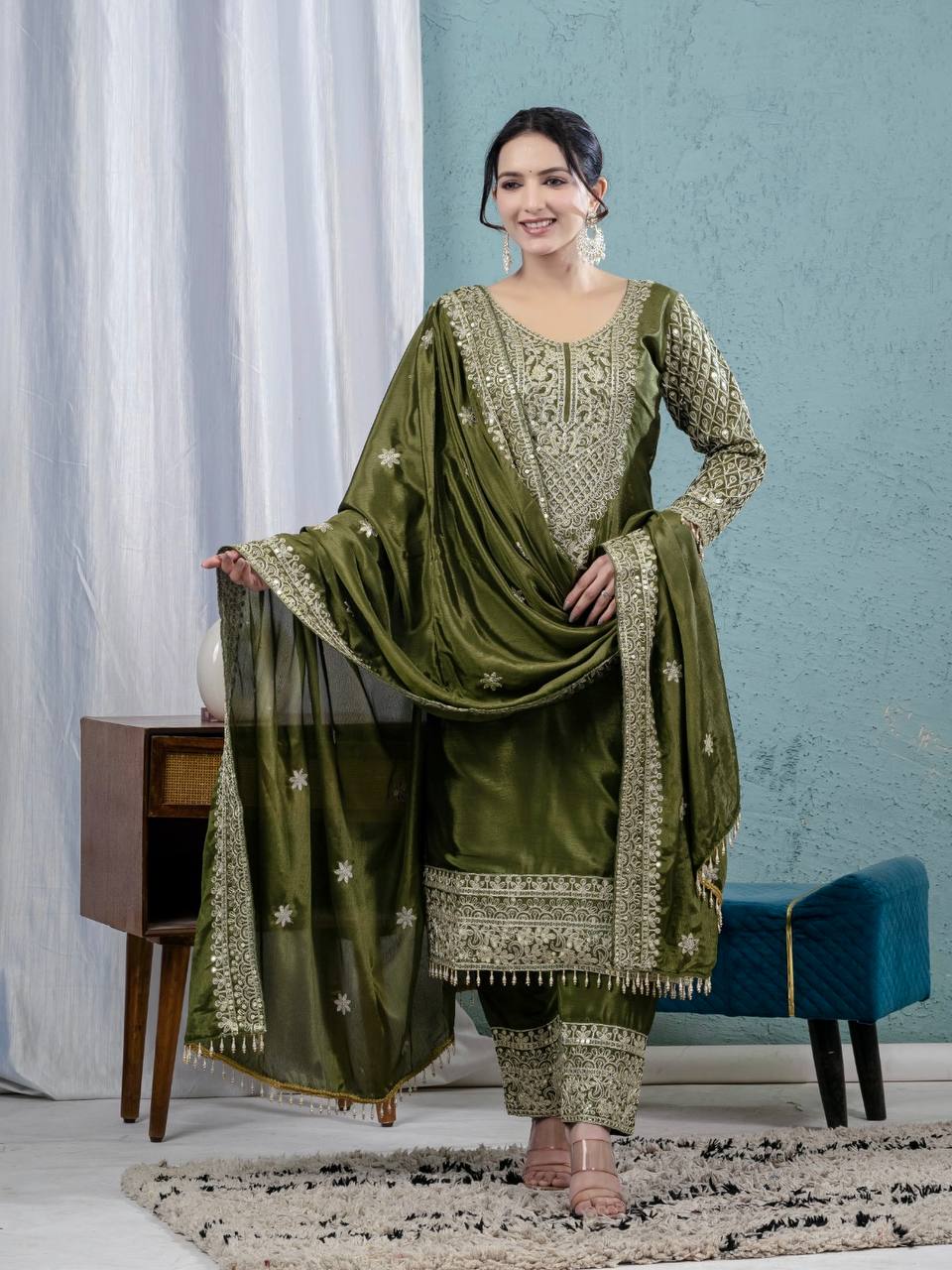 Fabulous Style Green Color Pure Chinon Silk With Embroidery Coding Sequence Work Salwar Suit