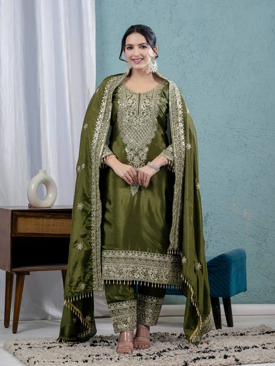 Fabulous Style Green Color Pure Chinon Silk With Embroidery Coding Sequence Work Salwar Suit
