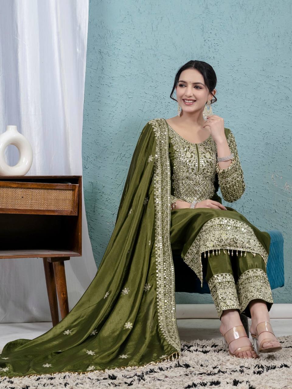 Fabulous Style Green Color Pure Chinon Silk With Embroidery Coding Sequence Work Salwar Suit