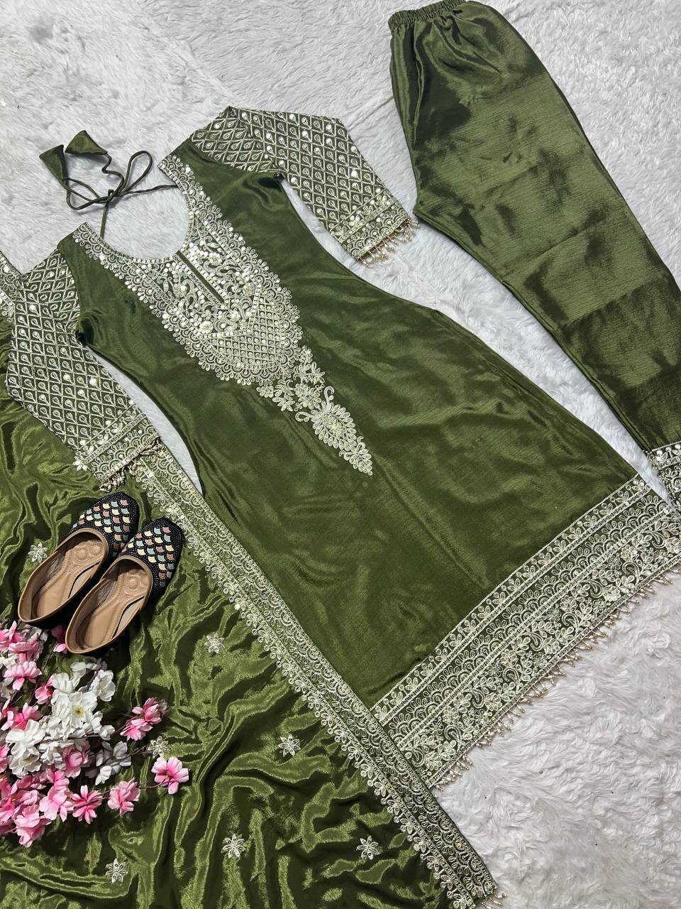 Fabulous Style Green Color Pure Chinon Silk With Embroidery Coding Sequence Work Salwar Suit