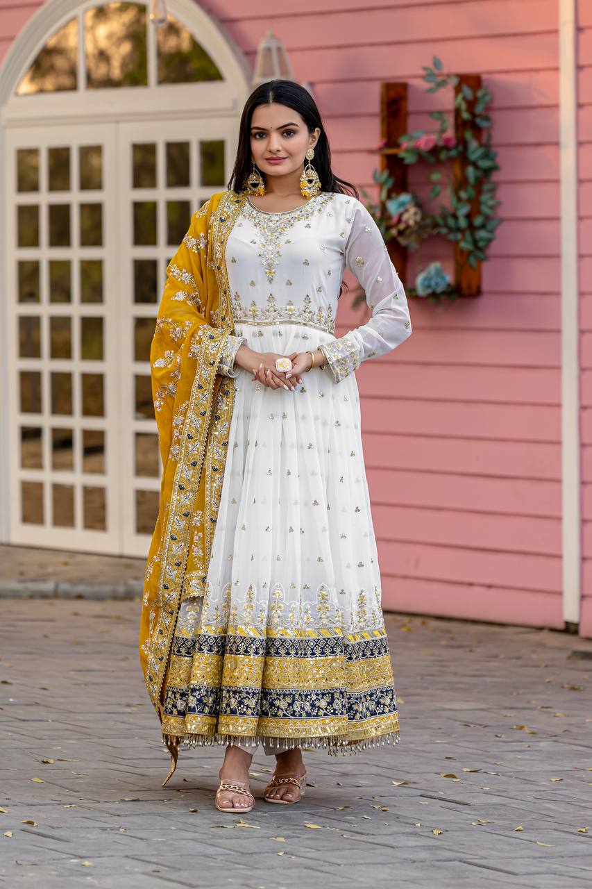 Embellished Fully Stitch Yellow Color Heavy Faux Georgette With Embroidery Sequence Work Designer Gown