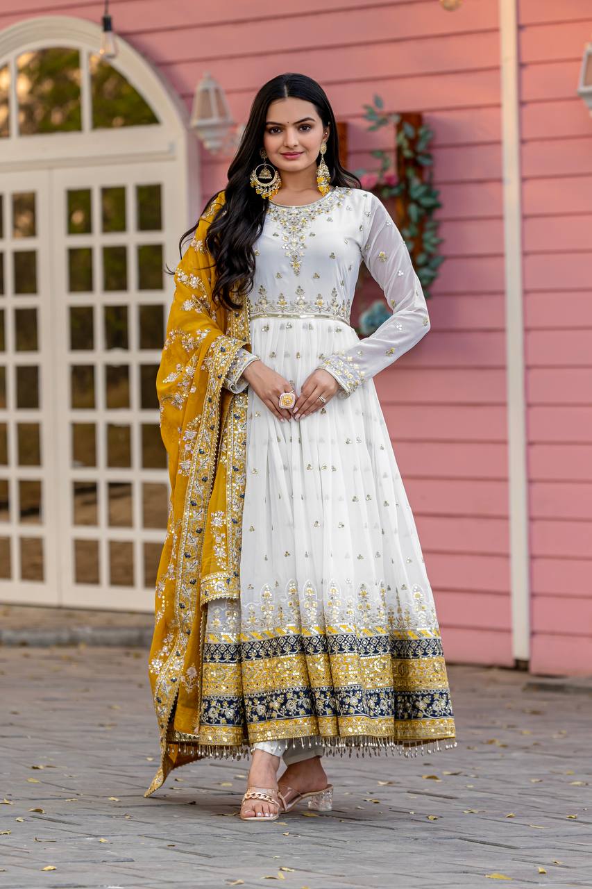 Embellished Fully Stitch Yellow Color Heavy Faux Georgette With Embroidery Sequence Work Designer Gown