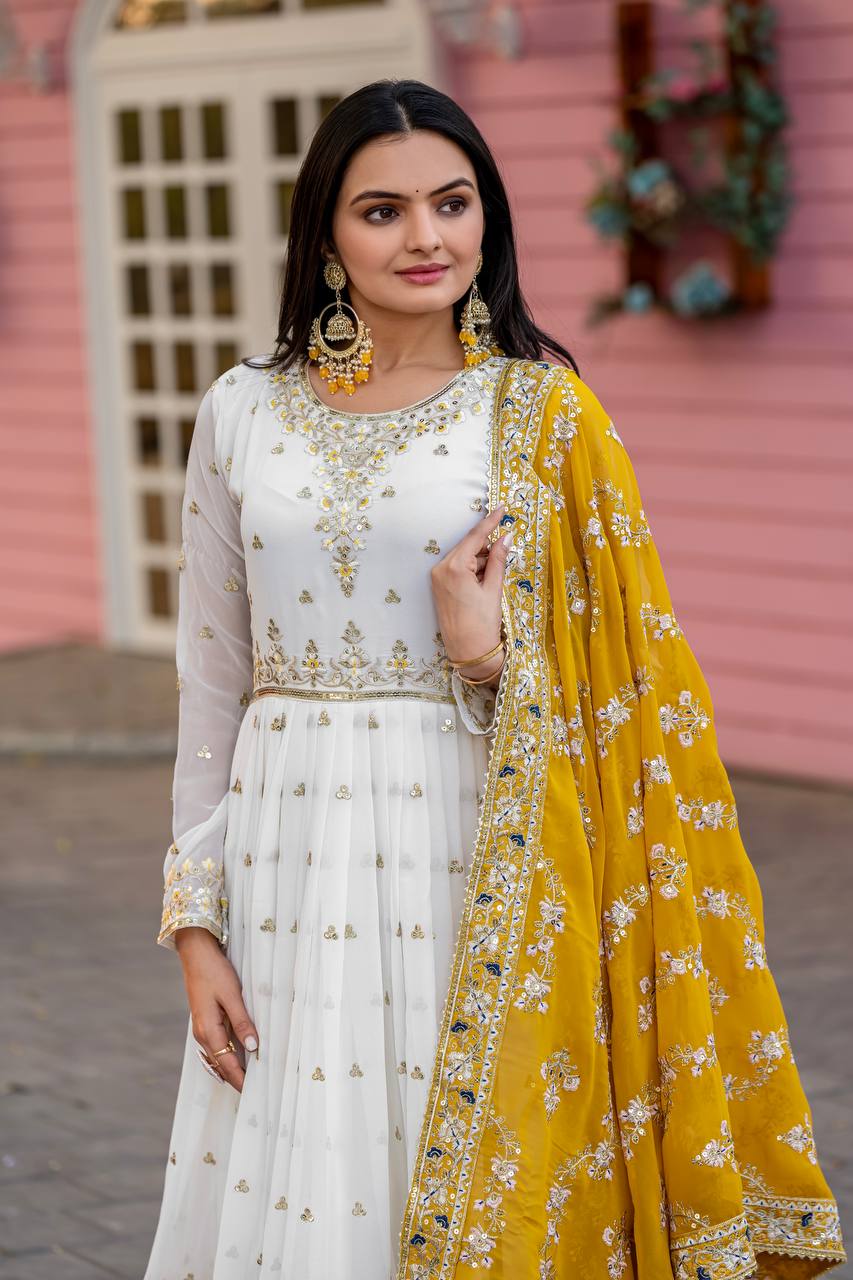 Embellished Fully Stitch Yellow Color Heavy Faux Georgette With Embroidery Sequence Work Designer Gown