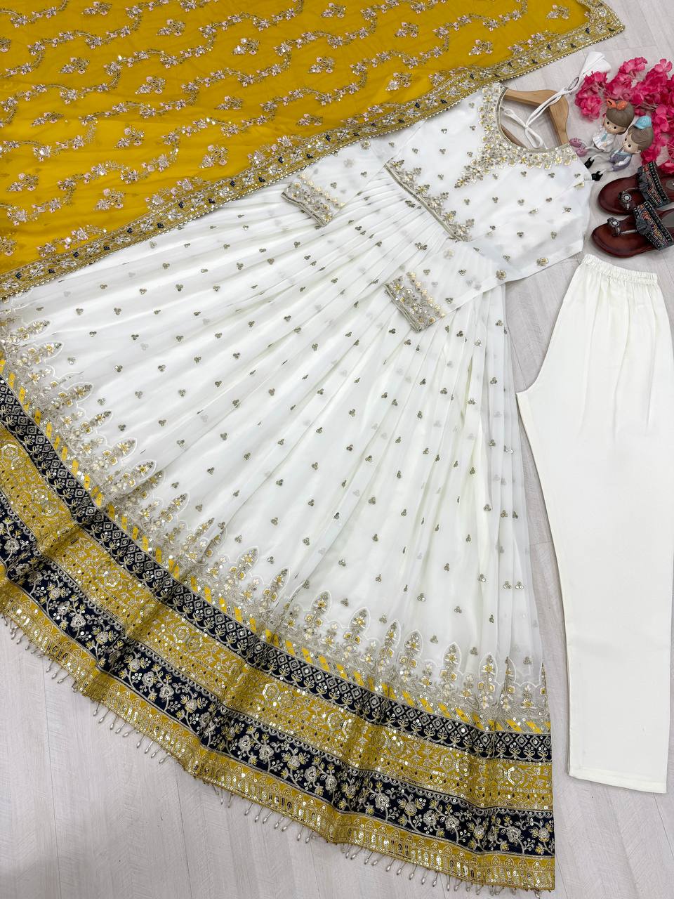 Embellished Fully Stitch Yellow Color Heavy Faux Georgette With Embroidery Sequence Work Designer Gown
