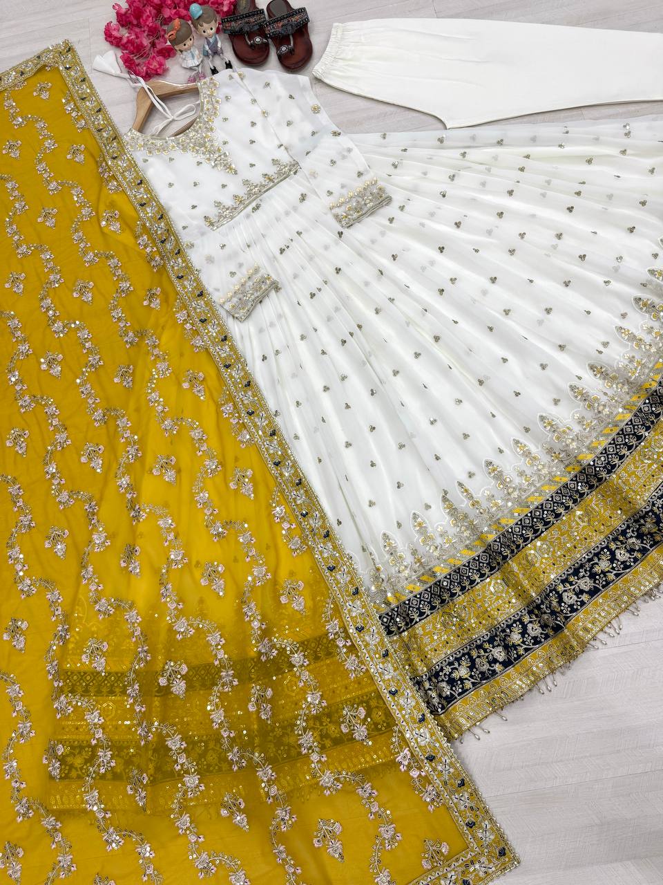 Embellished Fully Stitch Yellow Color Heavy Faux Georgette With Embroidery Sequence Work Designer Gown