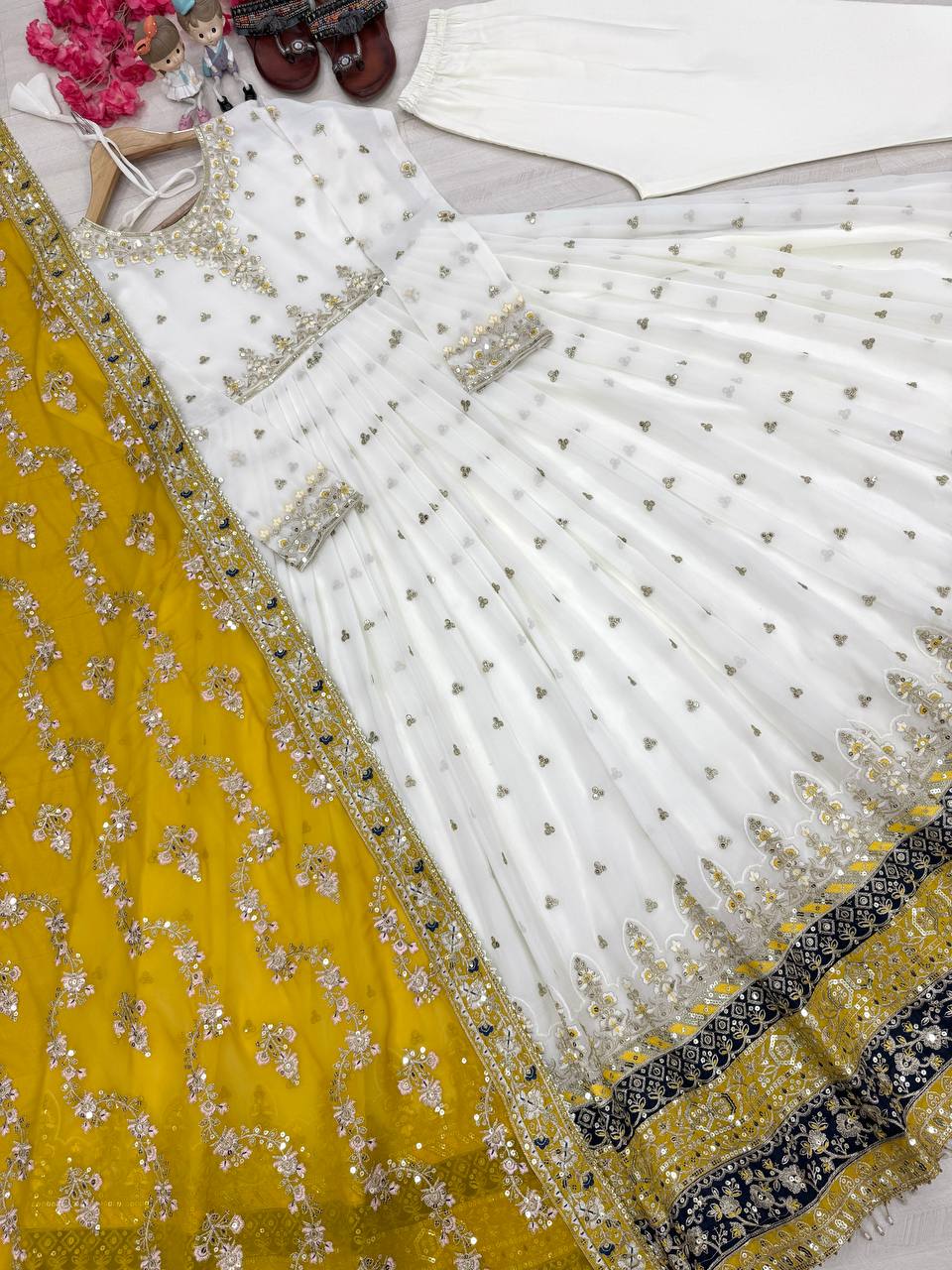 Embellished Fully Stitch Yellow Color Heavy Faux Georgette With Embroidery Sequence Work Designer Gown