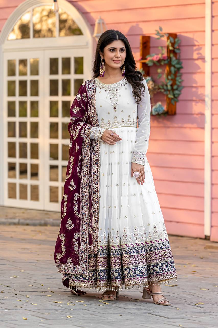 Embellished Fully Stitch Purple Color Heavy Faux Georgette With Embroidery Sequence Work Designer Gown