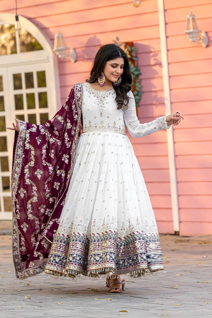 Embellished Fully Stitch Purple Color Heavy Faux Georgette With Embroidery Sequence Work Designer Gown