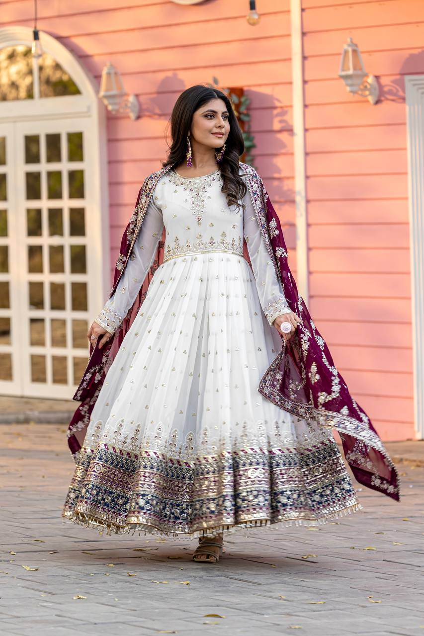 Embellished Fully Stitch Purple Color Heavy Faux Georgette With Embroidery Sequence Work Designer Gown