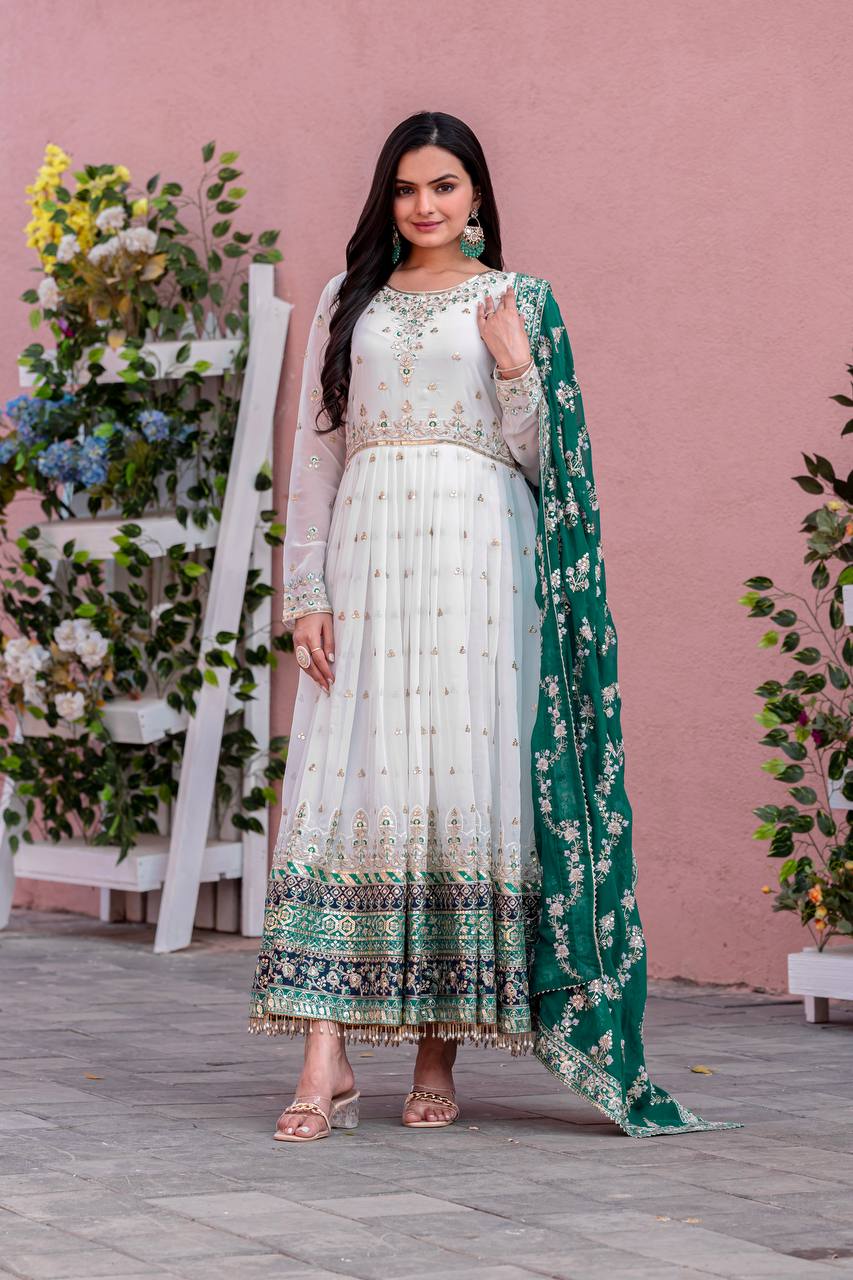 Embellished Fully Stitch Aqua Green Color Heavy Faux Georgette With Embroidery Sequence Work Designer Gown