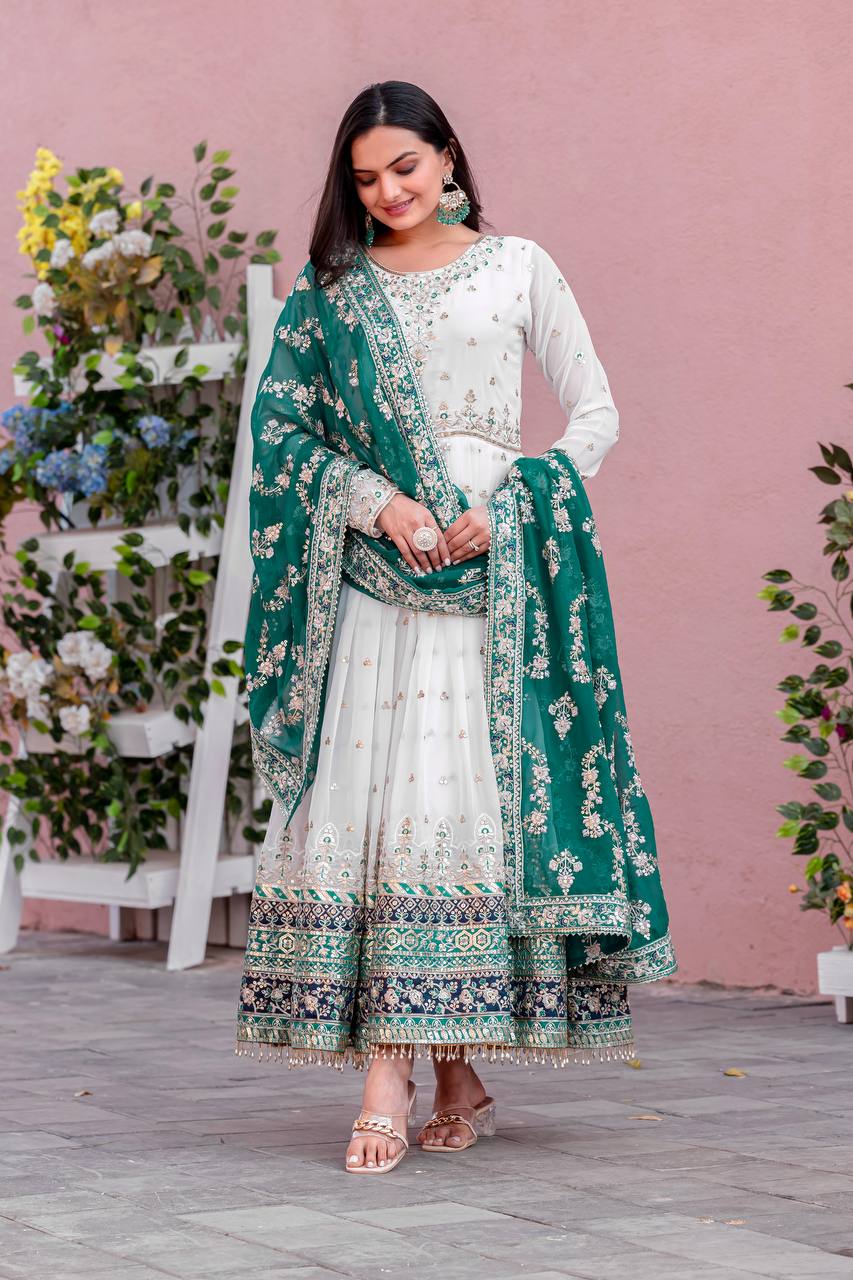 Embellished Fully Stitch Aqua Green Color Heavy Faux Georgette With Embroidery Sequence Work Designer Gown