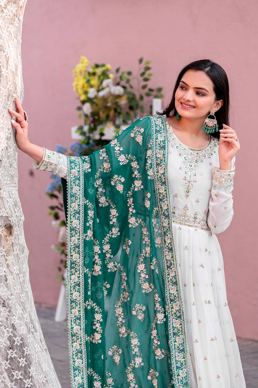Embellished Fully Stitch Aqua Green Color Heavy Faux Georgette With Embroidery Sequence Work Designer Gown