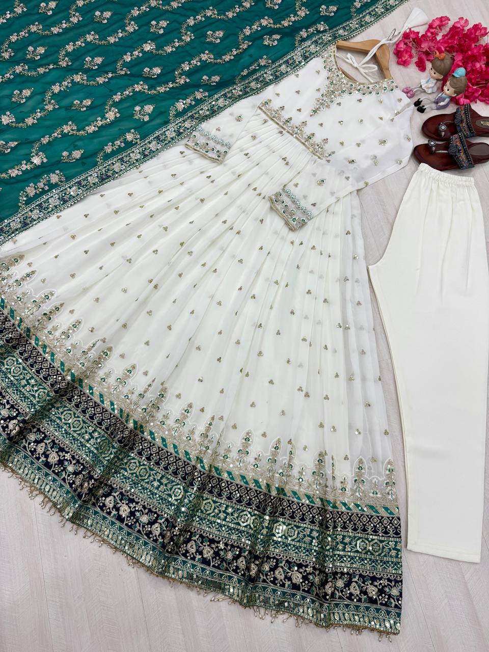 Embellished Fully Stitch Aqua Green Color Heavy Faux Georgette With Embroidery Sequence Work Designer Gown