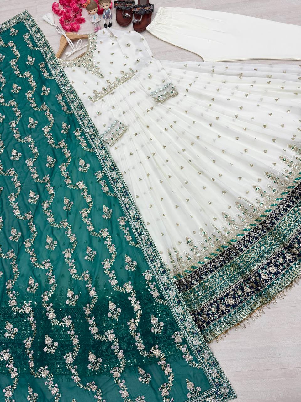 Embellished Fully Stitch Aqua Green Color Heavy Faux Georgette With Embroidery Sequence Work Designer Gown